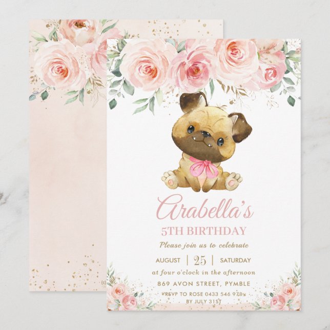 Convites Pug Puppy Dog Blush Pink Floral Girl Birday (Frente/Verso)