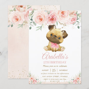 Convites Pug Puppy Dog Blush Pink Floral Girl Birday