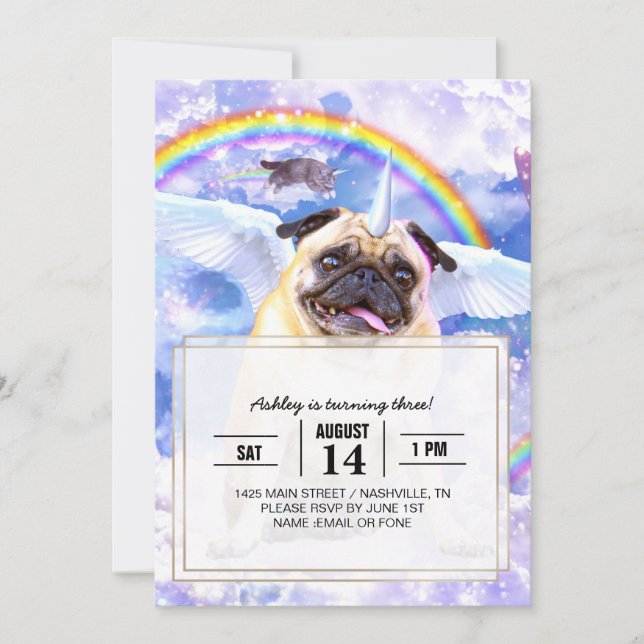 Convites Pug unicorn - Pugicorn bonito (Frente)