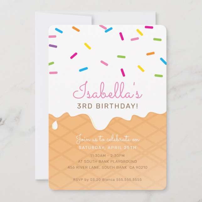 Convites pulverizações cor-de-rosa com cone sorvete da PART (Frente)