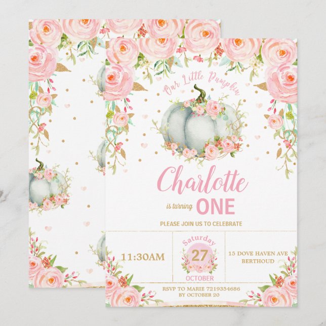 Convites Pumpkin1, rua Floral Rosa, Primeiro Aniversário (Frente/Verso)