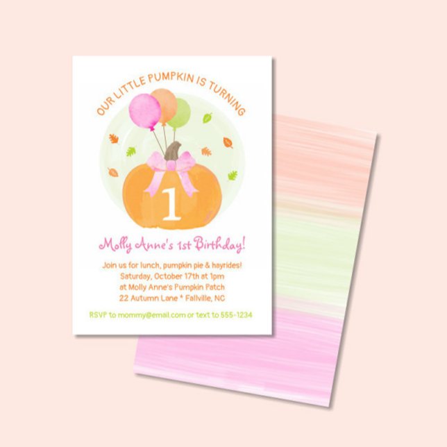 Convites Pumpkin 1 rua Fall First Birthday Girl Party (Little Pumpkin with a bow, Balloons & Leaves in watercolor orange, pink and green)