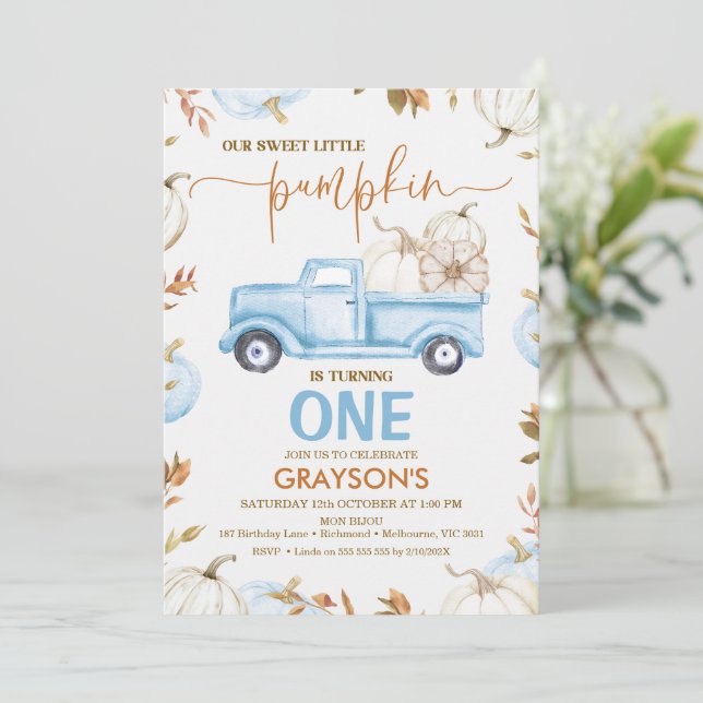 Convites Pumpkin Azul Caminhão Pequeno Pumpkin Aniversário (Em pé/Frente)