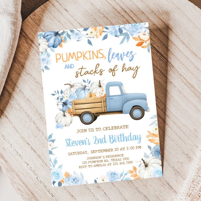 Convites Pumpkin Azul Caminhão Queda Aniversário (Blue Pumpkin Truck Fall Floral Birthday Invitation)