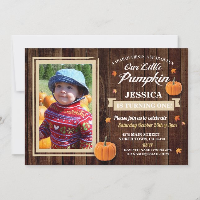 Convites Pumpkin Birthday One Photo Girl Fall 1 rua Invite (Frente)