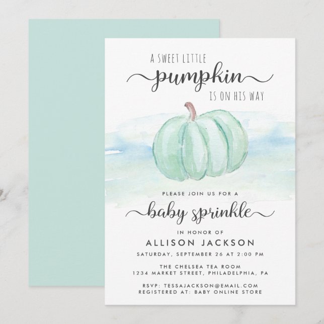 Convites Pumpkin Blue Mint Watercolor Baby Boy Sprinkle (Frente/Verso)