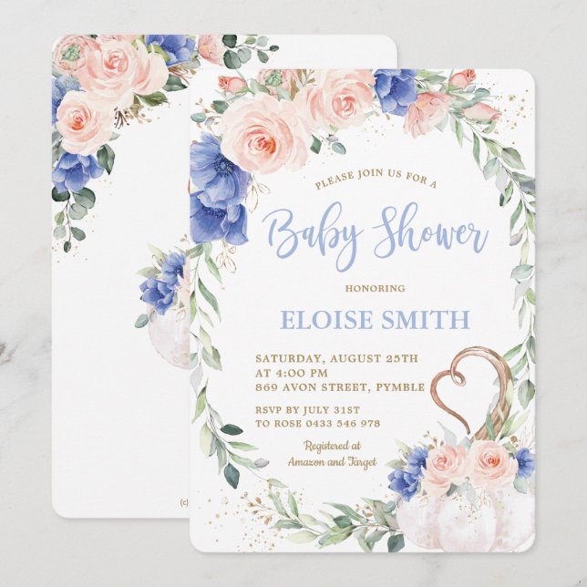 Convites Pumpkin Blush Blue Floral Chá de fraldas (Frente/Verso)