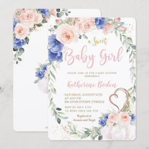 Convites Pumpkin Blush Blue Floral Wreath Girl Chá de fral