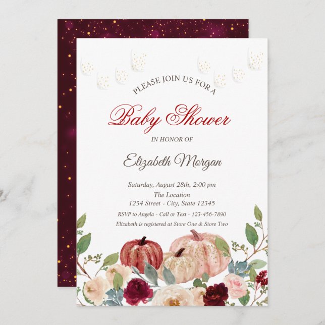 Convites Pumpkin Borgonha,Luzes,Chá de fraldas Floral (Frente/Verso)