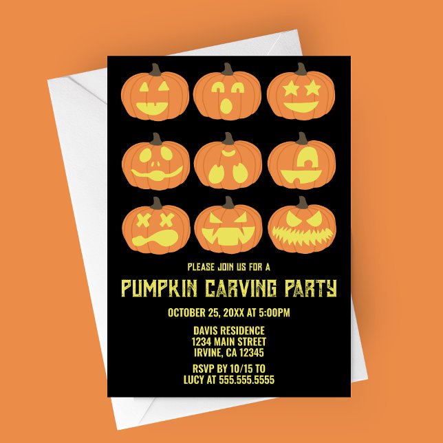 Convites Pumpkin Carving Halloween Party (Pumpkin Faces | Pumpkin Carving Party Invitation)