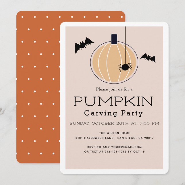 Convites Pumpkin Carving Party Modern Beige Halloween (Frente/Verso)