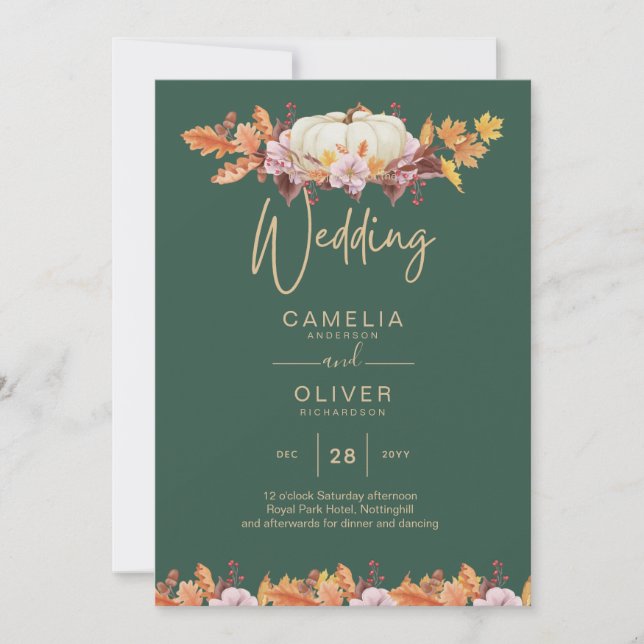 Convites Pumpkin Casamento Dourado Verde de Abóbora no Orça (Frente)