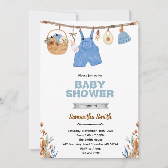 Convites Pumpkin clothesline boy baby shower invitation  (Frente)