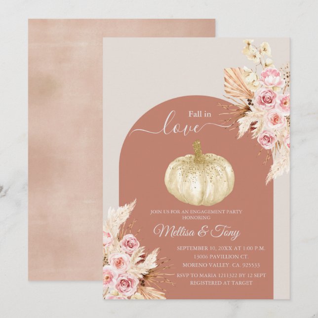 Convites Pumpkin do Arco Caindo Apaixonado (Frente/Verso)