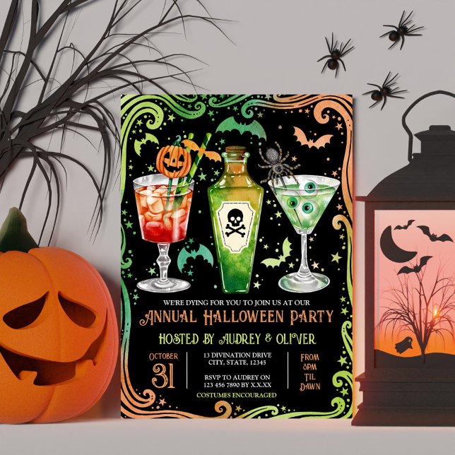 Convites Pumpkin do Partido dos Cocktail do Halloween + Poç (Annual Halloween Cocktail Party Green and Orange Invitation)