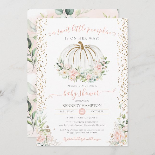 Convites Pumpkin Doce, Chá de fraldas de outono rosa (Frente/Verso)