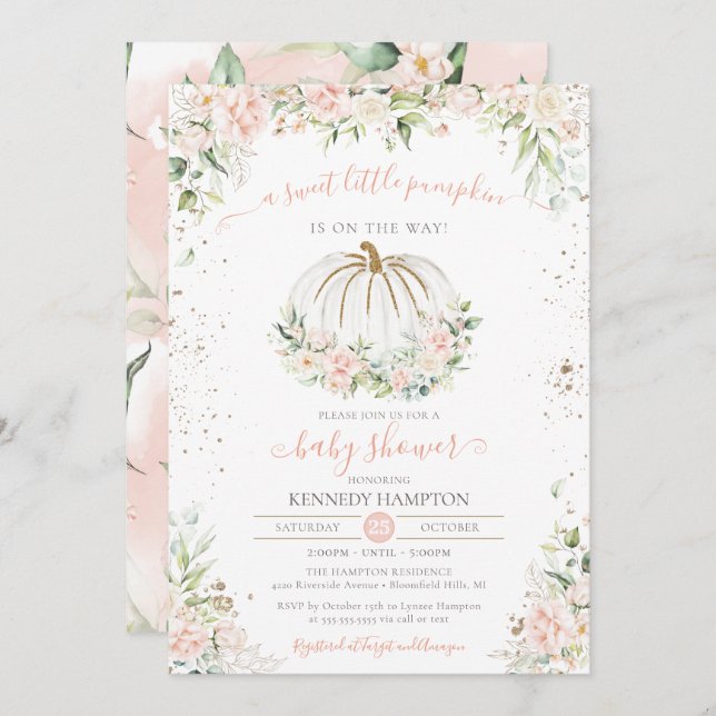 Convites Pumpkin Doce, Chá de fraldas de outono rosa (Frente/Verso)