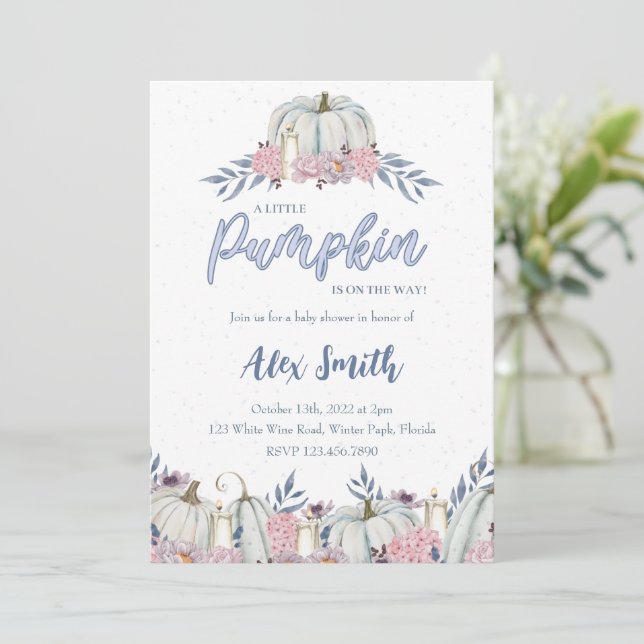 Convites Pumpkin Dusty Blue Chá de fraldas (Em pé/Frente)