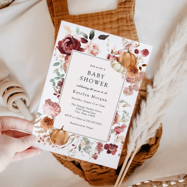 Convites Pumpkin e Burgundy Chá de fraldas Floral (Criador carregado)