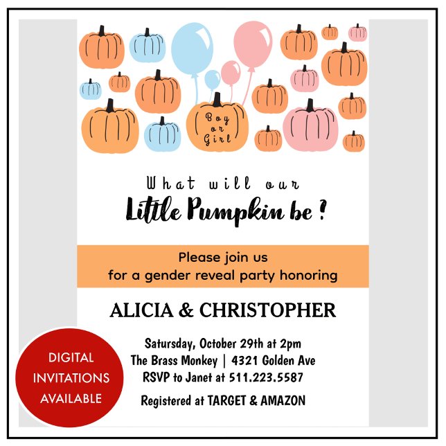 Convites Pumpkin Ele ou Ela Revelam o Gênero do Dia das Bru (Pumpkin-He-or-She-Halloween-Gender-Reveal-Invitation-1)