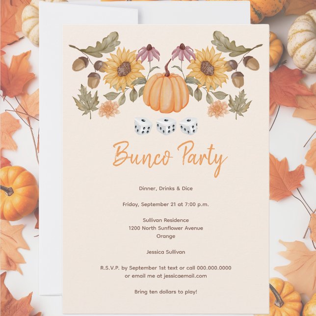 Convites Pumpkin Fall Floral Dice Bunco (Fall September, October or November Bunco party invitation. Sunflowers with pumpkins. )
