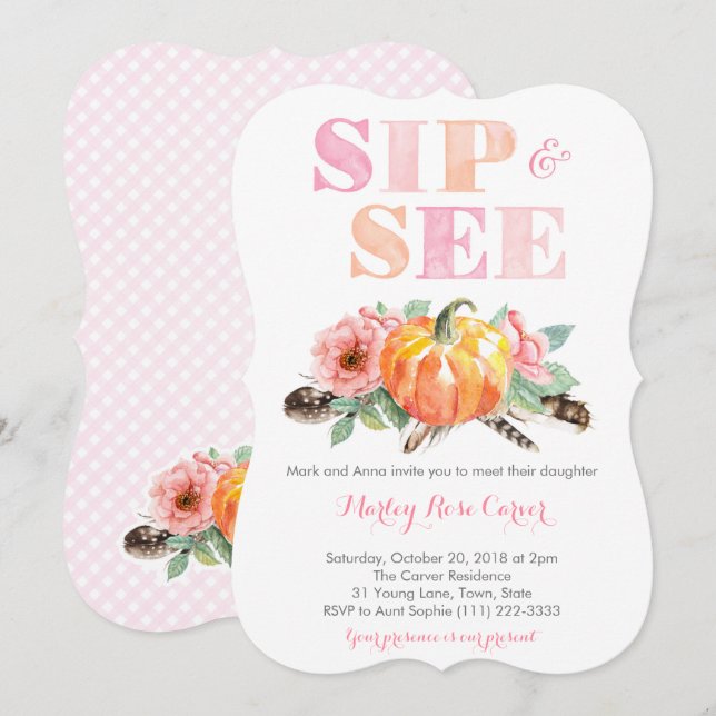 Convites Pumpkin Fall Sip and See New Baby Party (Frente/Verso)