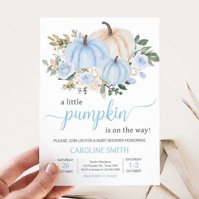 Convites Pumpkin Floral Azul (Fall Pumpkin Baby Shower Invitation
)