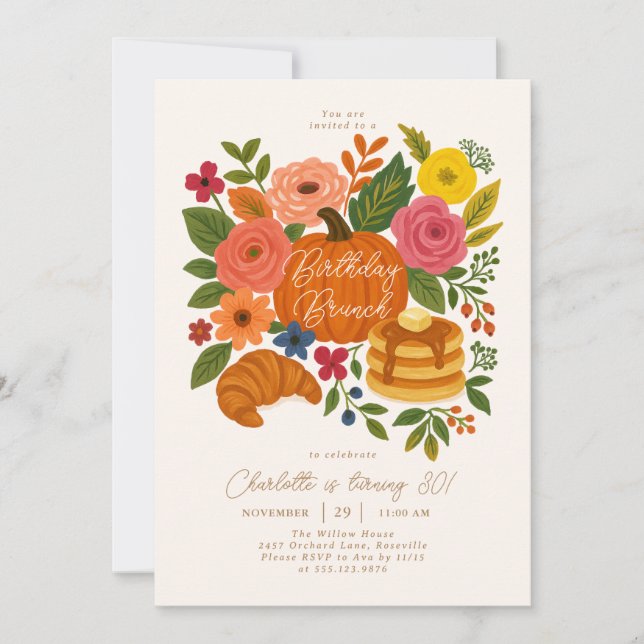 Convites Pumpkin Floral Birthday Brunch Invitation Fall (Frente)