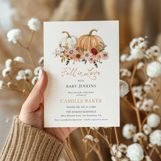 Convites Pumpkin Floral Fall in Love with Chá de fraldas (Fall in Love with Baby Pumpkin Floral Invitation)