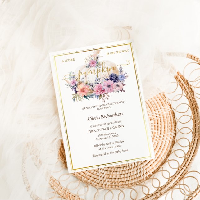 Convites Pumpkin Floral Gold Foil Baby Girl Chá (Criador carregado)