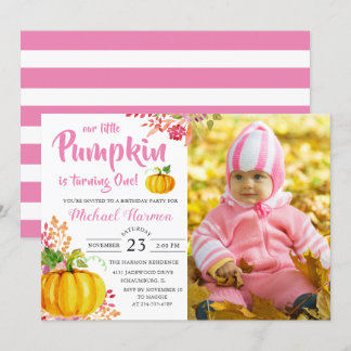 Convites Pumpkin Floral Rosa Cai Foto de Aniversário