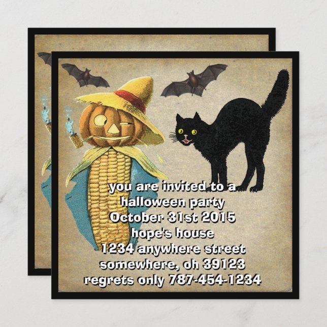 Convites Pumpkin Head Black Cat Bats Festa de Halloween Con (Frente/Verso)