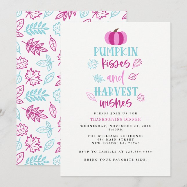 Convites Pumpkin Kisses & Harvest Deseja Festa de Ação de G (Frente/Verso)
