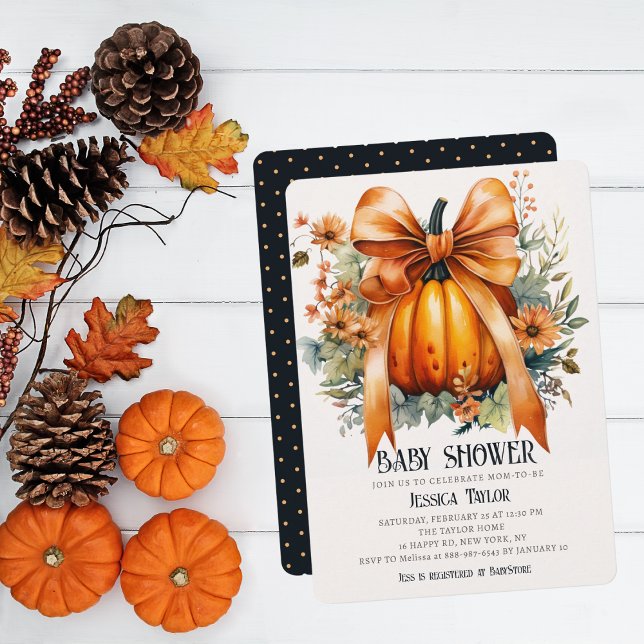 Convites Pumpkin Orange Ribbon Unisex Fall Chá de fraldas (Criador carregado)