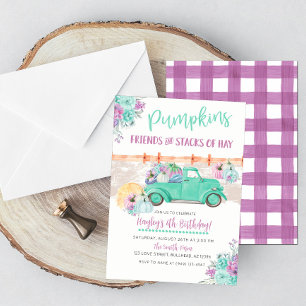 Convites Pumpkin Patch Turquoise Vintage Truck Aniversário