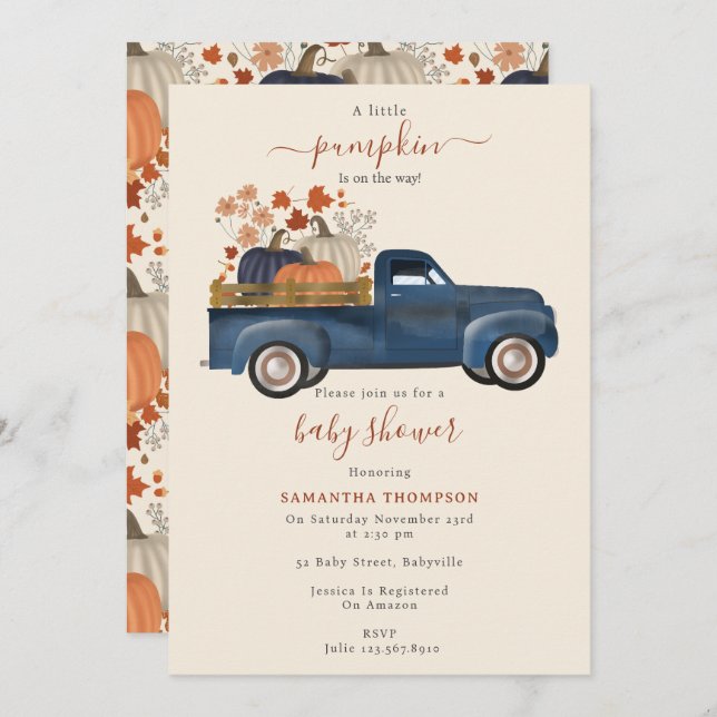 Convites Pumpkin Pickup Truck Fall Autumn Chá de fraldas Bo (Frente/Verso)