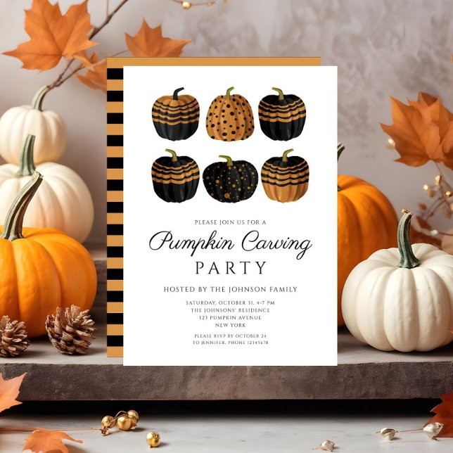 Convites Pumpkin preto-de-cor-de-laranja-acastanhada (Cute Orange Black Pumpkin Carving Halloween Invitation)
