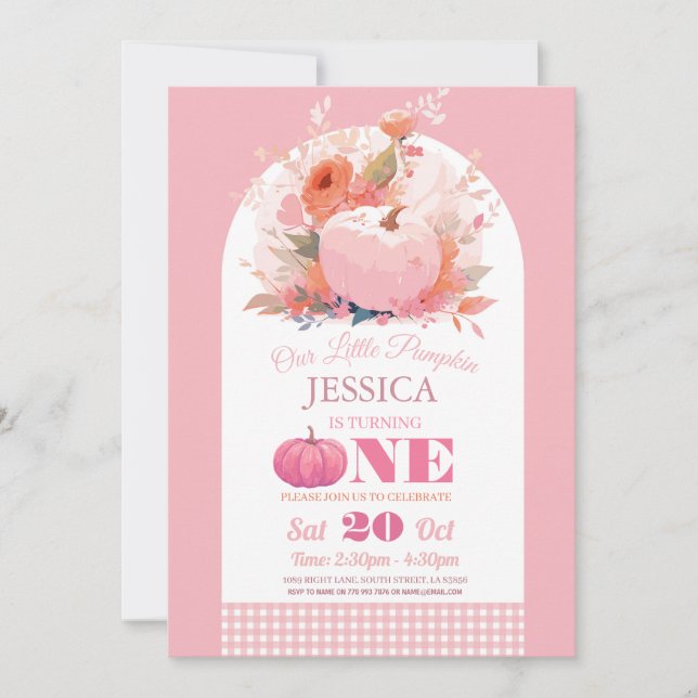 Convites Pumpkin Rosa 1rua Uma Meninas de Aniversário outon (Frente)