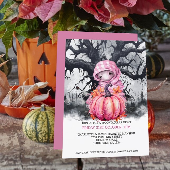 Convites Pumpkin Rosa Assustado Do Halloween E Figura Assom (Halloween Scary Pink Pumpkin And Haunted Figure Invitation from Ricaso. A cute but hunting figure)