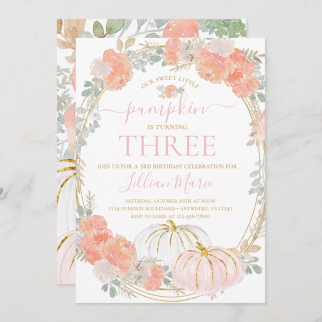 Convites Pumpkin Rosa Cai Aniversário (Frente/Verso)