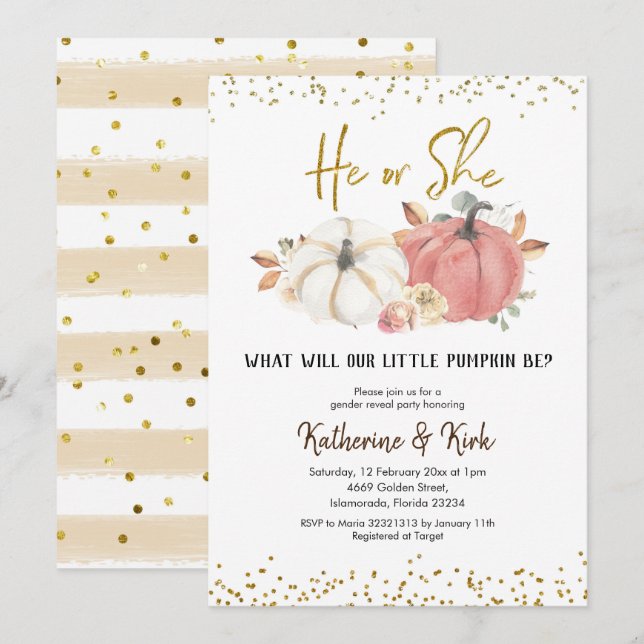 Convites Pumpkin rosa e branco Fora do gênero Revelação (Frente/Verso)