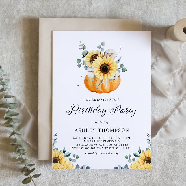 Convites Pumpkin Russo com Girassóis Queda Festa de anivers (Customizable fall birthday party invitation featuring watercolor pumpkin, sunflowers and greenery.)