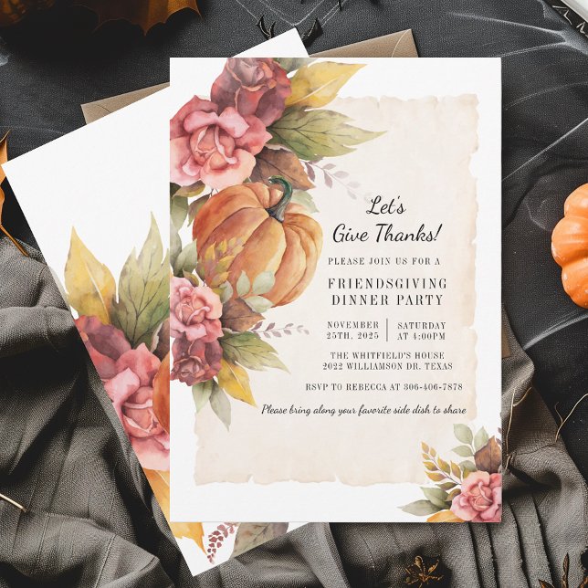 Convites Pumpkin Rustic Fall Deixa Os Obrigados Darem Atenç (Fall Pumpkin Thanksgiving Floral Friendsgiving Dinner Party Invitation)