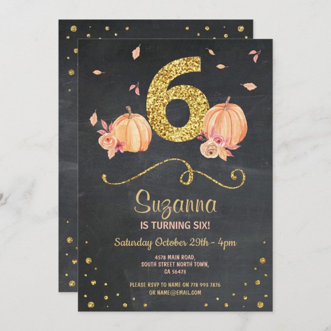 Convites Pumpkin SEX Birthday 6 Fall Chalk Dourado Invite (Frente/Verso)