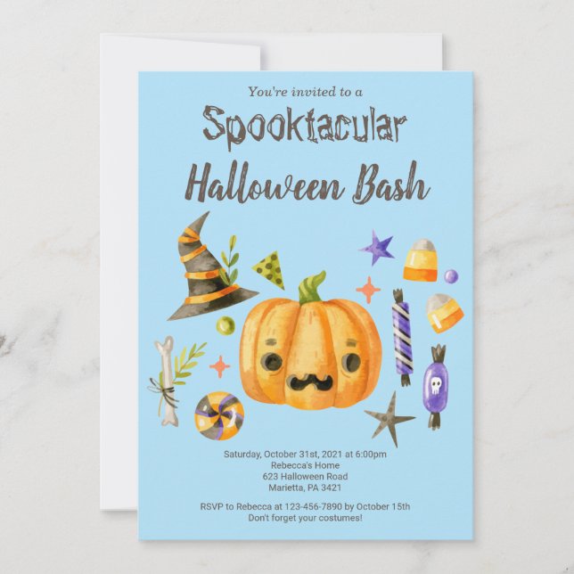 Convites Pumpkin Spooktacular Festa de Halloween Bash Azul (Frente)