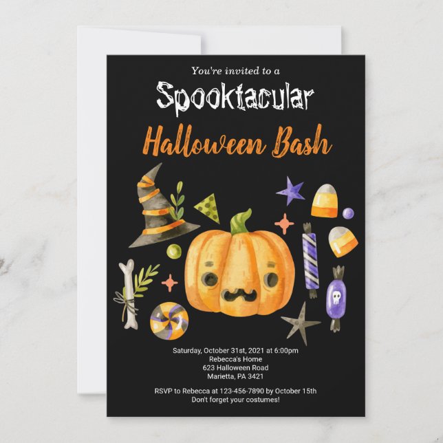 Convites Pumpkin Spooktacular Festa de Halloween Bash, Pret (Frente)