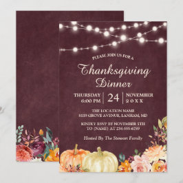 Convites Pumpkin String Lights Floral Janta de Ação de Graç