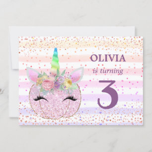 Convites Pumpkin Unicorn Girls aniversário de 3 anos
