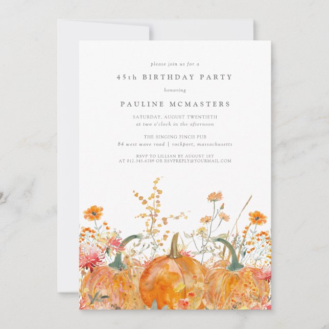Convites Pumpkin Wildflower Fall Watercolor 45º Aniversário (Frente)