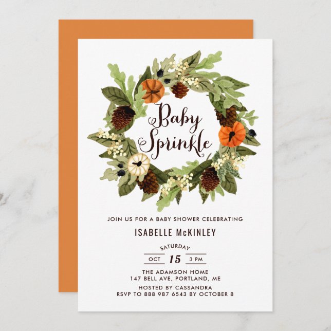Convites Pumpkins e Pinecones Wreath Fall Baby Sprinkle (Frente/Verso)